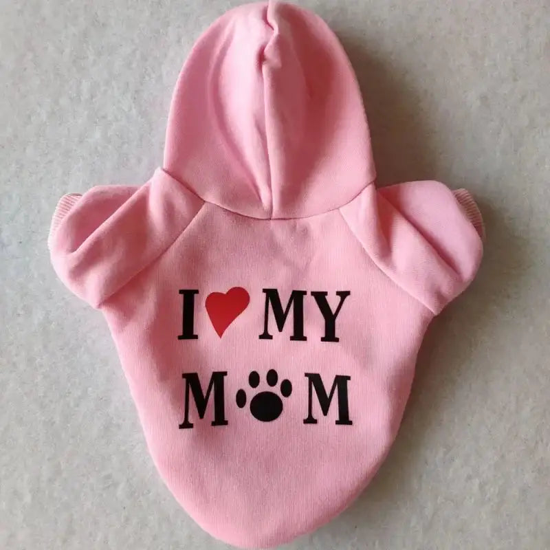A pet hoodie with a hood and short sleeves, featuring the text 'I ❤️ MY MUM' printed on the back.