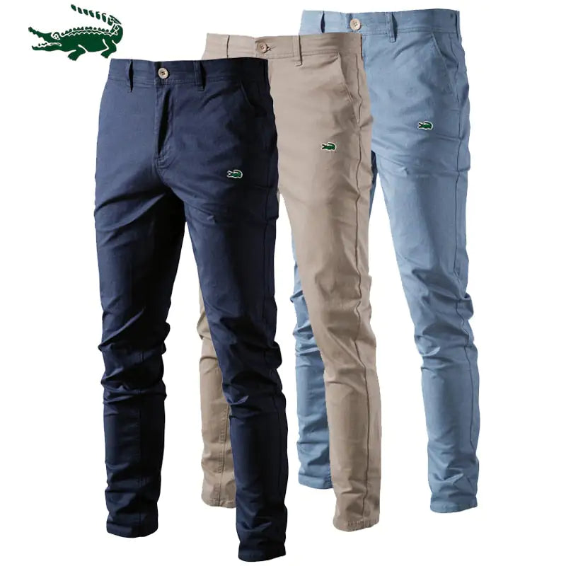A pair of slim-fit pants with a button closure, belt loops, and side pockets. The fabric appears to be lightweight, suitable for casual or semi-formal wear.