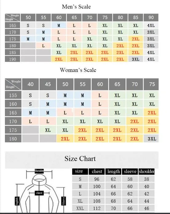 Windproof Hiking Jacket Size Chart