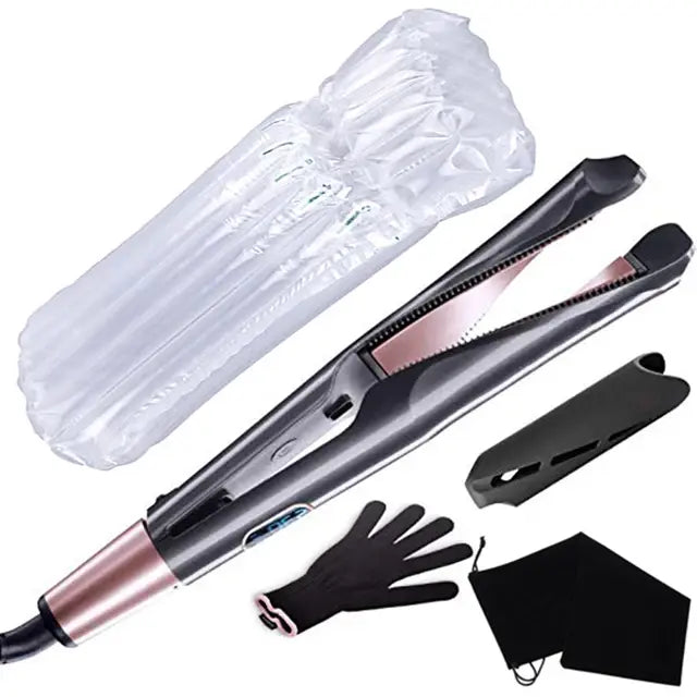 A black and rose gold hair styling tool, possibly a crimper or waver, with an ergonomic handle and a digital display. The set includes a heat-resistant glove, a protective case, a black storage pouch, and an air-cushioned protective packaging sleeve. The tool has a sleek, modern design with jagged-edged plates for styling.