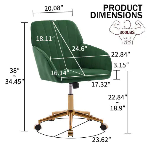 Green office chair with product dimensions labelled on a white background