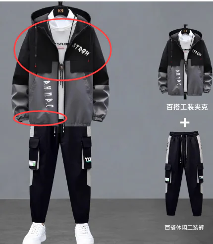 A stylish men's streetwear tracksuit set displayed on hangers. The set includes a black and teal hooded jacket with a bold, modern design, featuring large pockets, graphic text details, and a front zipper closure. The matching black jogger pants have a relaxed fit, cargo-style pockets, and white graphic text on the side, along with a drawstring waistband for adjustability. The outfit is paired with a white t-shirt and a pendant necklace, giving it a trendy, urban aesthetic.