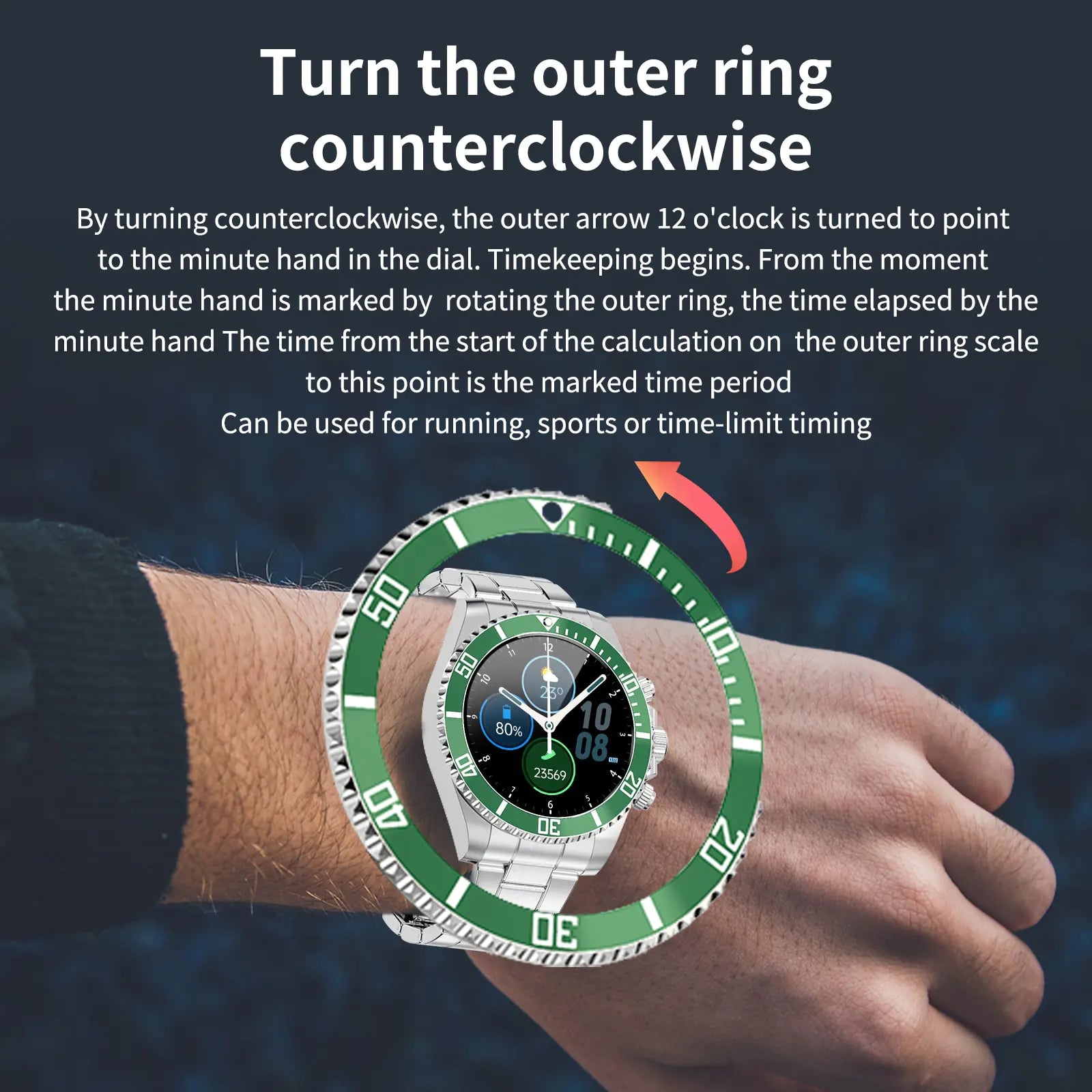 Silver smartwatch with a digital display worn on a wrist, featuring a rotating green bezel overlay effect. The screen shows battery life, steps count, and time, blending classic watch design with smart technology.