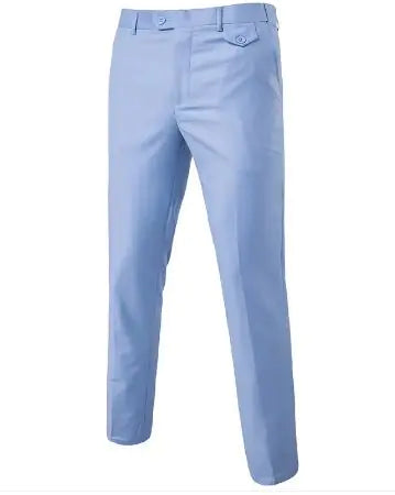 A pair of dress pants displayed against a plain white background. The pants feature a sleek, tailored fit with a button and zip closure. A small buttoned pocket is visible on the right side near the waistband, adding a subtle design element. The fabric appears smooth and slightly structured, making the pants suitable for formal or semi-formal occasions