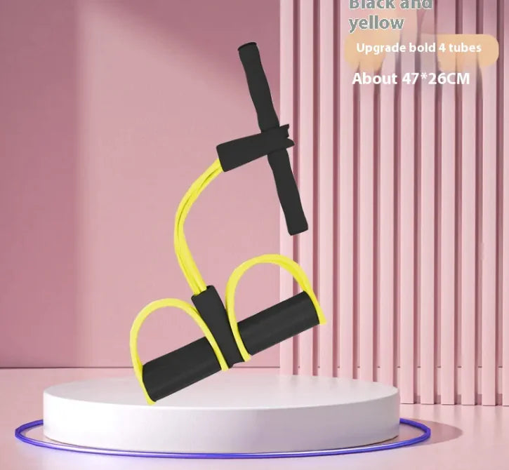 Pink resistance band exerciser with foam-covered handlebar and dual foot pedals, connected by four elastic tubes. Designed for home workouts, stretching, or strength training. Displayed against a white background.