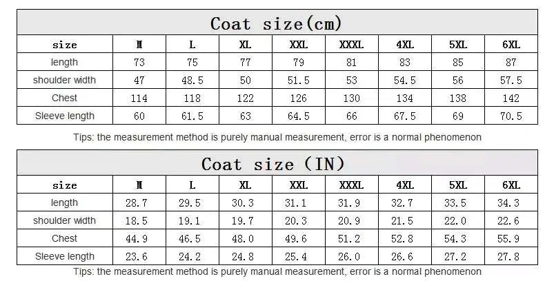 Men's Plus Size Winter Jacket Size Chart