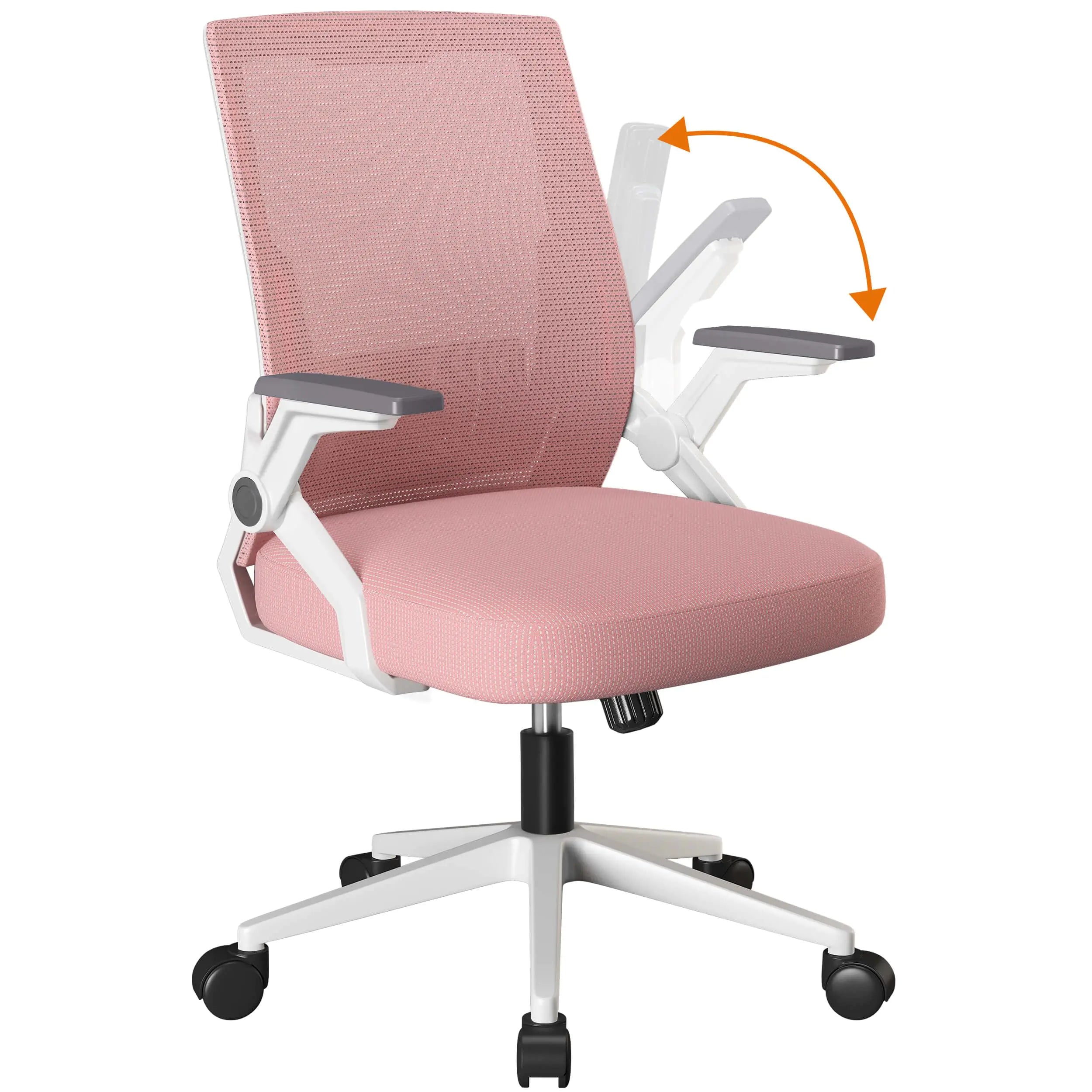 Pink office chair with white frame and black wheels on a white background