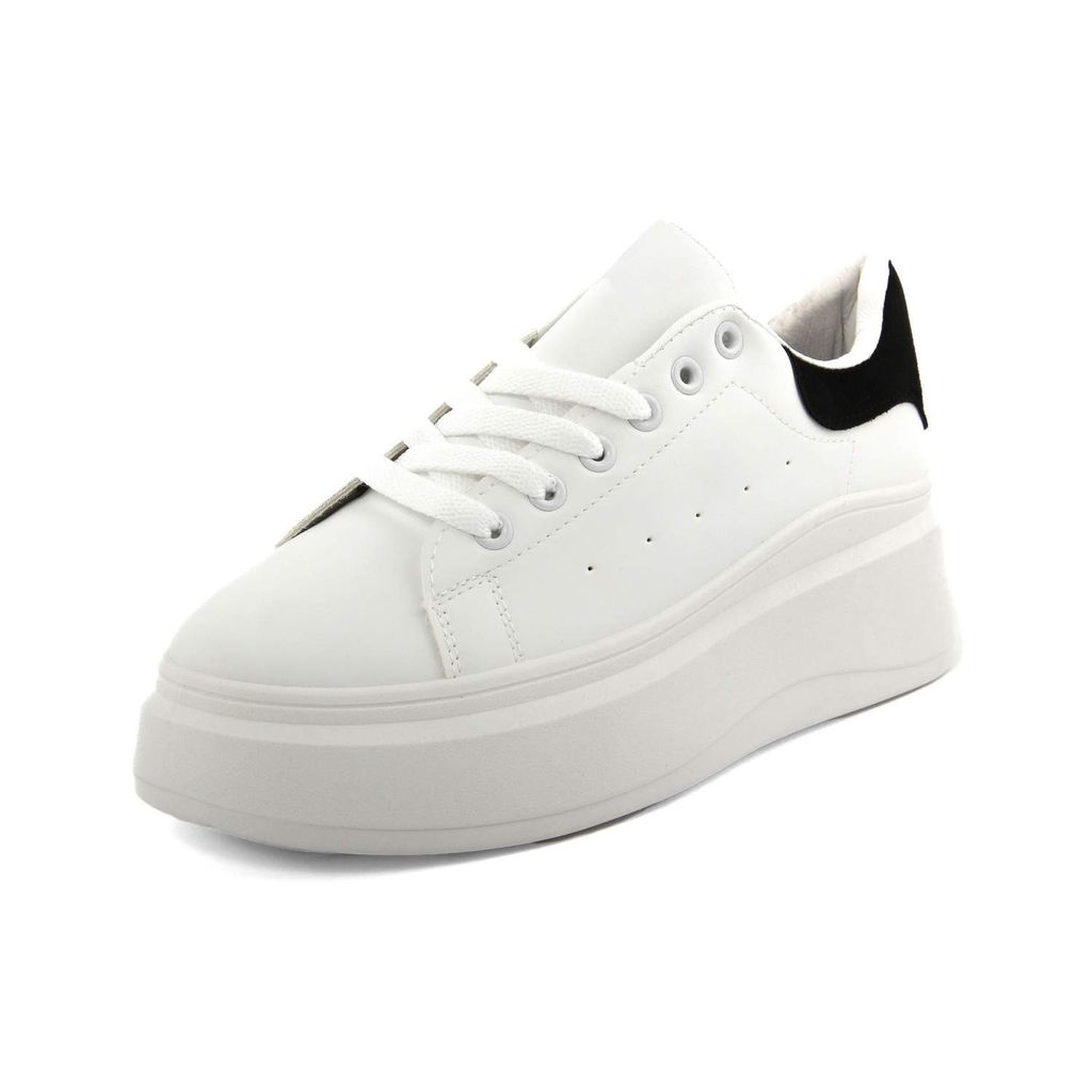 A white platform sneaker with thick soles, white laces, and a black accent on the heel, displayed at an angle against a white background.