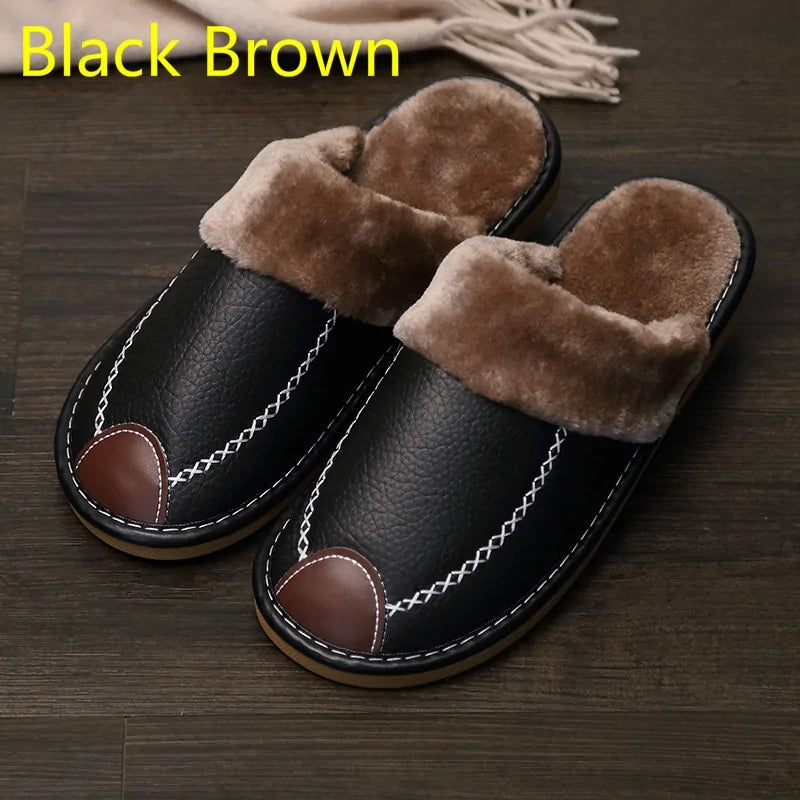 A pair of cozy brown indoor slippers with dark brown faux fur lining, displayed on a dark wooden floor. The slippers are labeled "Coffee color" in yellow text.