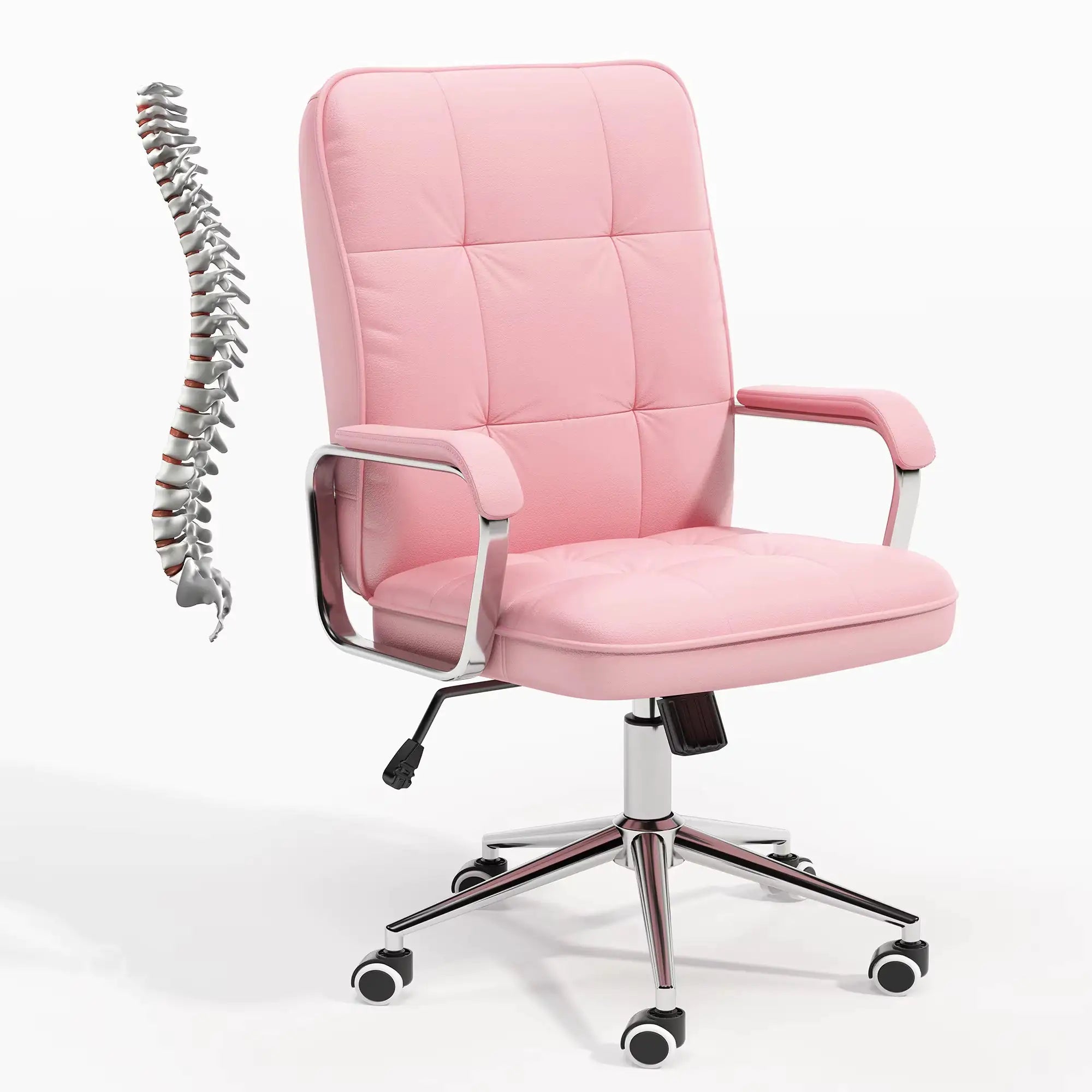 Pink office chair with a model of a spine to its left on a white background