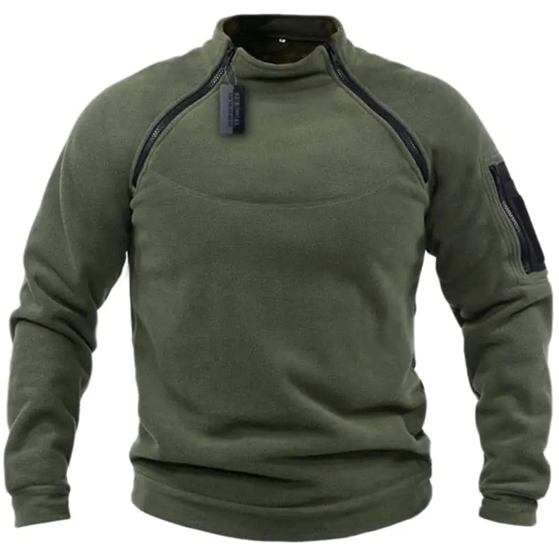 A long-sleeve fleece pullover with zipper detailing on the shoulders and a zippered pocket on the left sleeve.