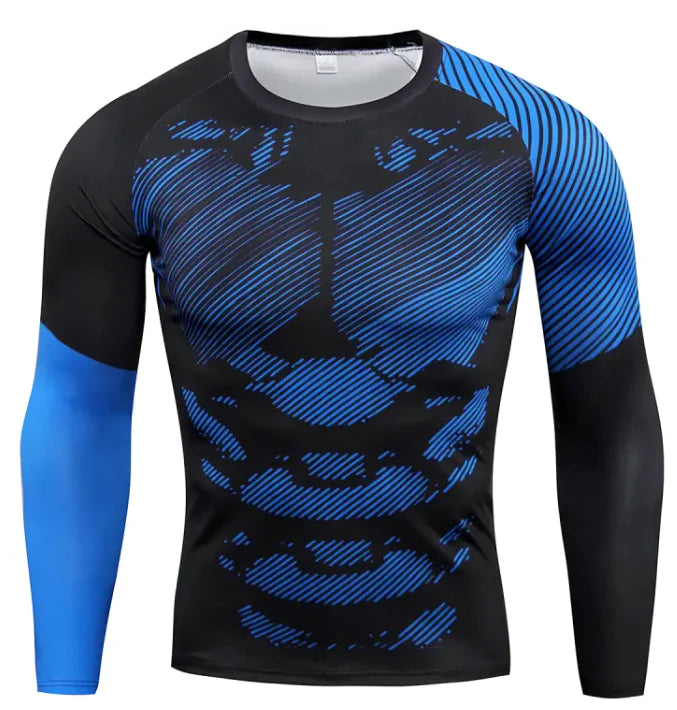 A long-sleeved athletic compression shirt and sleeves. The shirt has black side panels and raglan-style sleeves, giving it a sporty and fitted design. The fabric appears to be stretchy and moisture-wicking, suitable for workouts or outdoor activities.