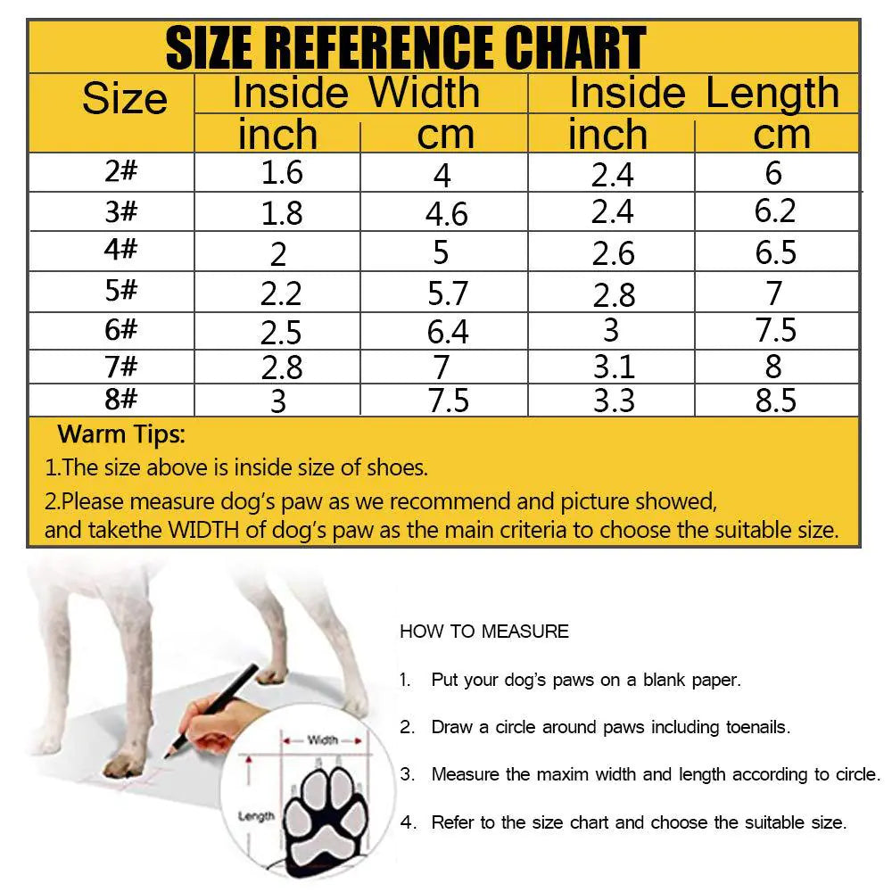 Waterproof Reflective Dog Boots Size Chart