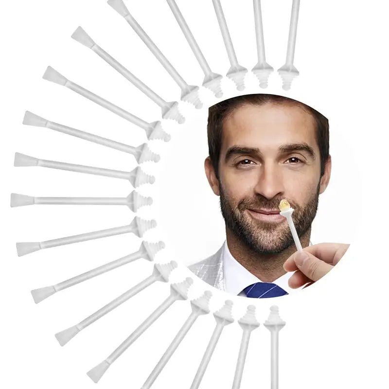 Man applying cream to his face with a circle of white applicators around him.