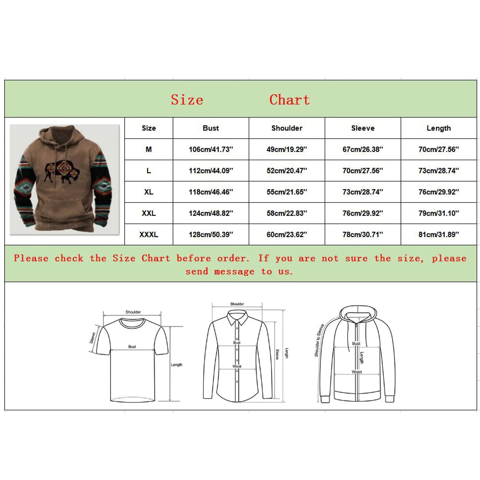 Western Aztec Patchwork Hoodie Size Chart