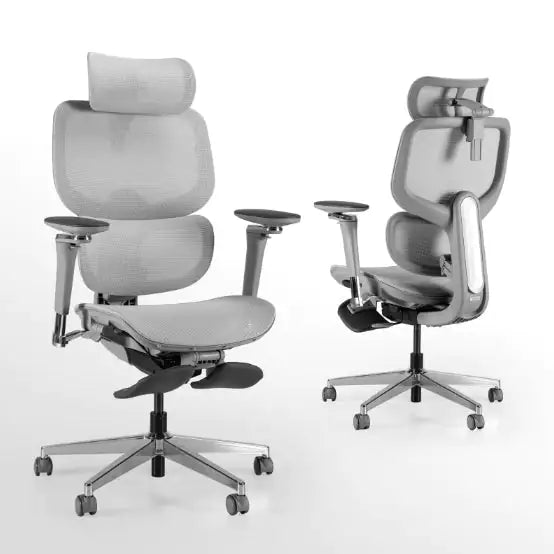 Two gray ergonomic office chairs on a white background