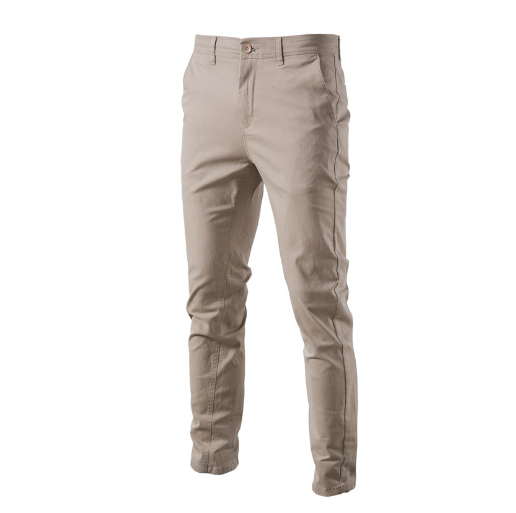 A pair of slim-fit khaki pants with a button and zipper closure, featuring a small green crocodile logo on the upper left thigh. The pants have belt loops and side pockets, with a slightly wrinkled appearance. A larger green crocodile logo is displayed in the top left corner of the image.