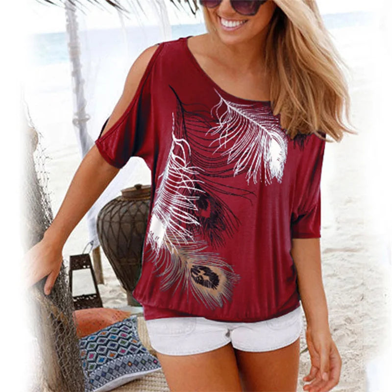 Chic and Breezy Feather Print Open-Shoulder Tee