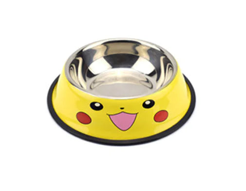 A stainless steel pet bowl with a blue outer rim featuring a red stripe and a white star emblem, resembling a superhero-inspired design. The bowl has a non-slip black rubber base for stability and is designed for feeding pets like dogs or cats.