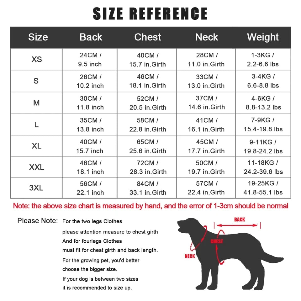 Pet Dog Reflective Warm Winter Jacket Size Chart