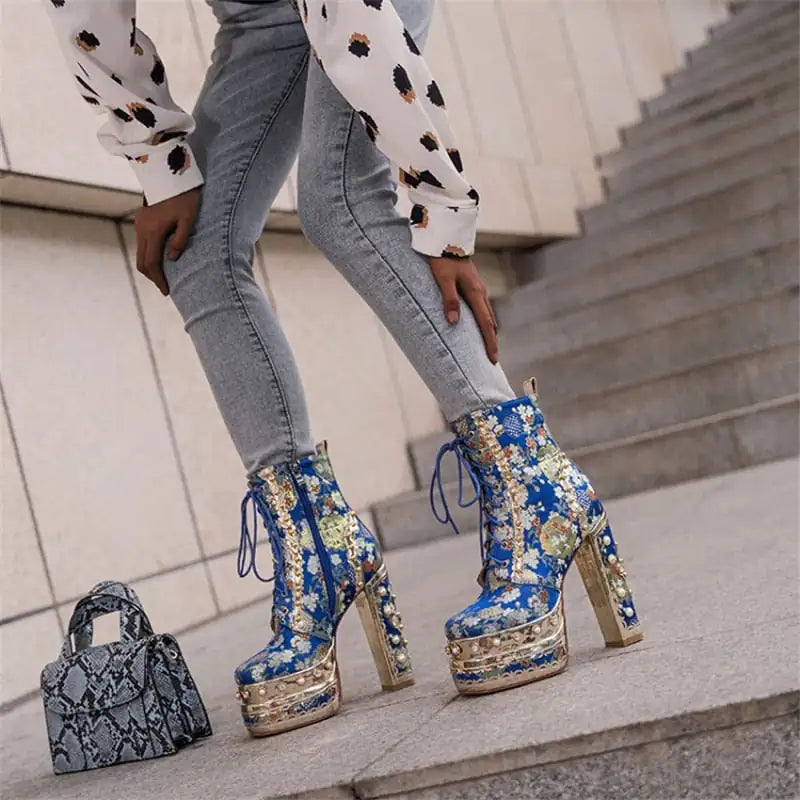 Floral Pattern Platform Ankle Boots