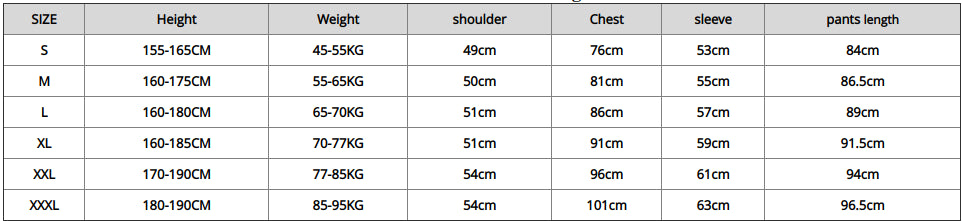 Men's Winter Thermal Underwear Set Size Chart