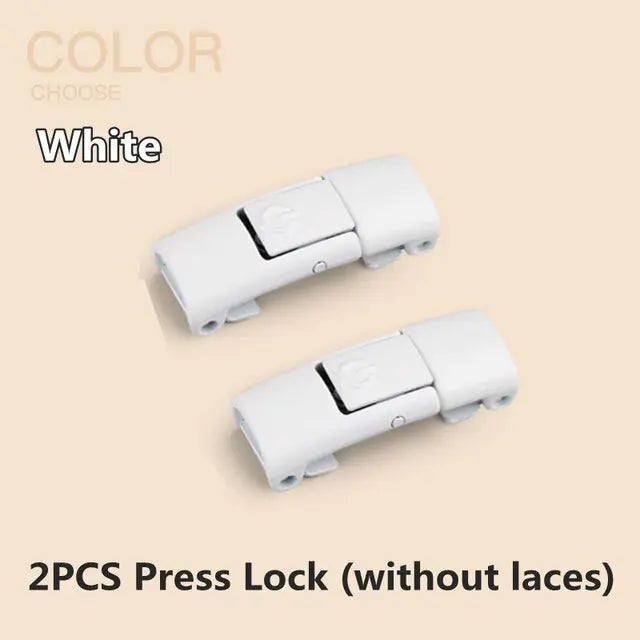 Two white press lock shoe lace fasteners displayed on a beige background, labeled as "2PCS Press Lock (without laces)" with the color option marked as "White.