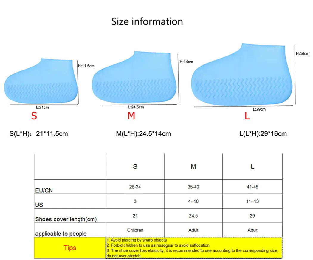 Latex Waterproof Shoes Covers Size Chart