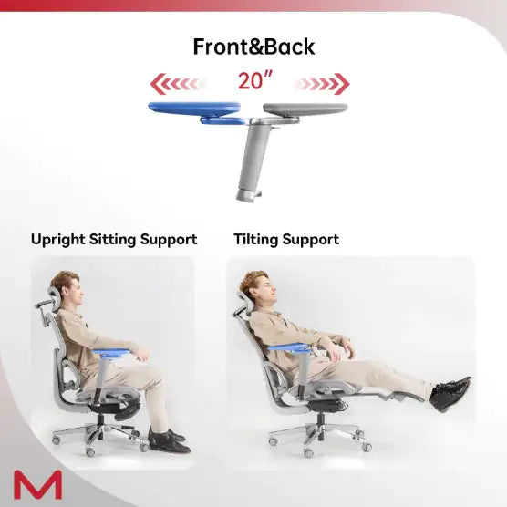 Ergonomic chair with front and back support features and a person using it.