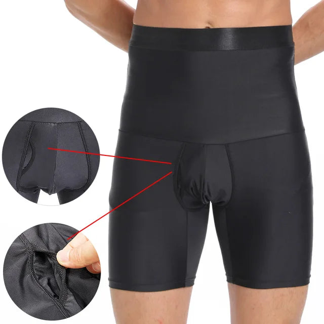 A pair of black men's compression shorts with a high-waisted design, worn by a male model. The shorts feature a supportive pouch in the front, highlighted with red arrows and zoomed-in insets showing the detailed stitching and an opening. The material appears to be stretchy and smooth, designed for shaping, support, and comfort.
