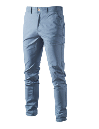 A pair of slim-fit pants with a button closure, belt loops, and side pockets. The fabric appears to be lightweight, suitable for casual or semi-formal wear.