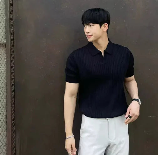 Fitted Striped Knit Polo Shirt