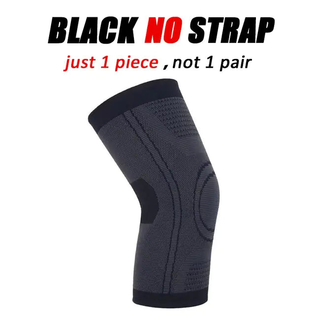 A black knee compression sleeve without straps, featuring a textured and contoured design for joint support. The image includes bold text that reads: "BLACK NO STRAP" in black and red, and underneath in red and black text: "just 1 piece, not 1 pair