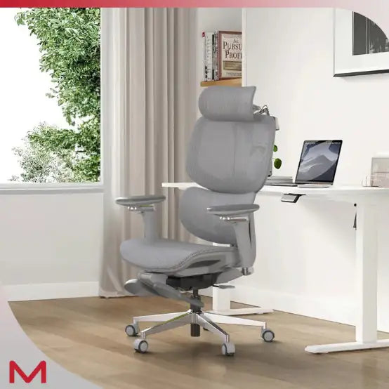 Gray ergonomic office chair in a modern office setting with a desk and laptop.