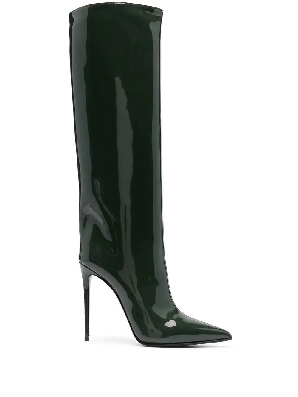 A single high-fashion women's knee-high boot in beige with a faux crocodile skin texture. The boot features a pointed toe and a slender stiletto heel, exuding a luxurious and stylish appearance. It is photographed against a plain white background, showcasing its elegant structure and upscale finish.