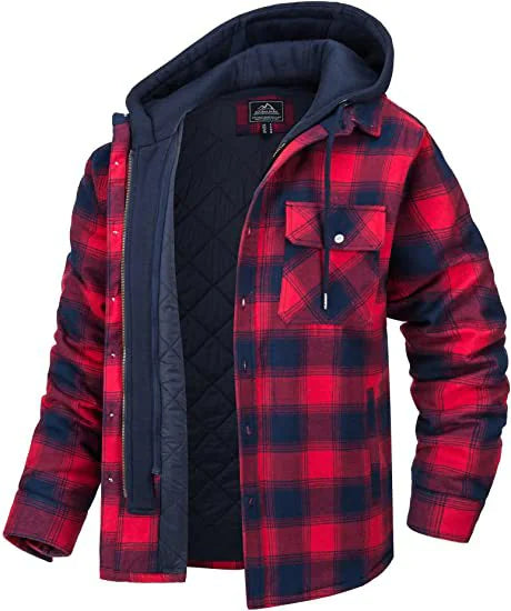 A men's blue and black plaid flannel jacket with a quilted inner lining and an attached black hood. The jacket features a button-up front with snap closures, a zippered interior, and a single chest pocket with a buttoned flap. The thick, insulated design makes it suitable for cold weather.