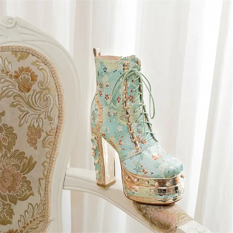 Floral Pattern Platform Ankle Boots