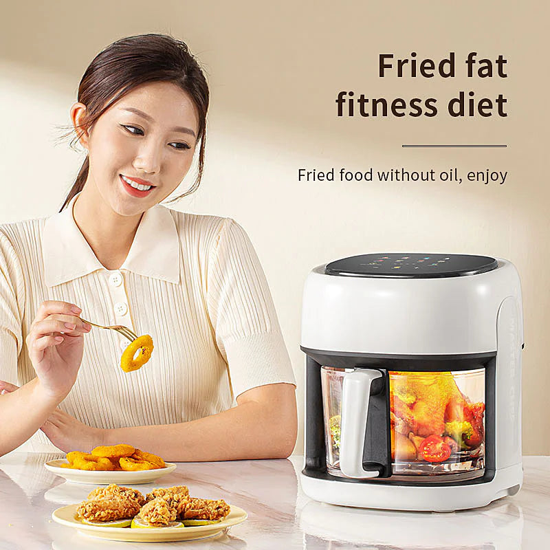 A woman smiling while eating fried food beside a modern air fryer on a kitchen counter, with plates of crispy snacks in front of her and text promoting oil-free cooking for a healthy diet.