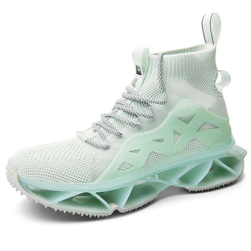 A vibrant red athletic sneaker featuring a breathable knit upper, lace-up design, and a unique, futuristic sole with hollowed cushioning pods for enhanced flexibility and support.