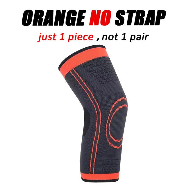 A black knee compression sleeve without straps, featuring a textured and contoured design for joint support. The image includes bold text that reads: "BLACK NO STRAP" in black and red, and underneath in red and black text: "just 1 piece, not 1 pair.