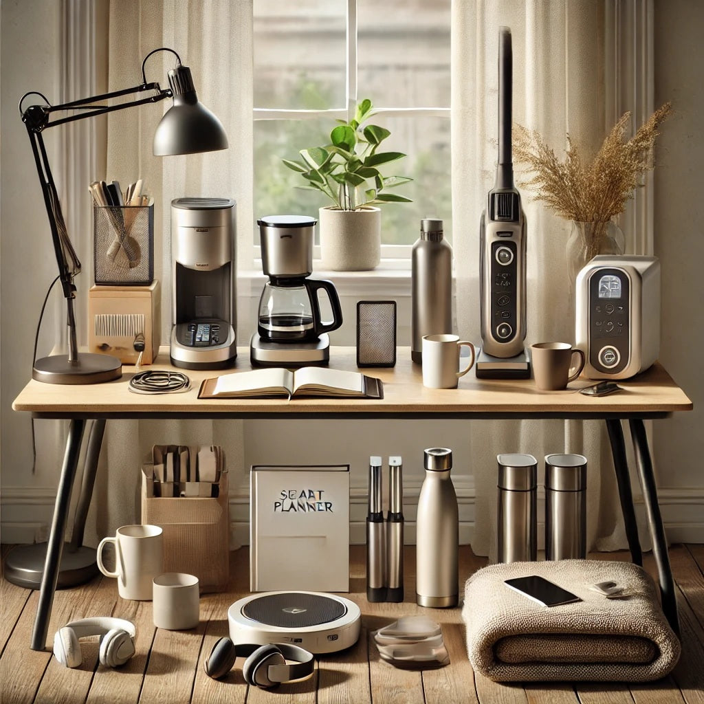 A high-quality, lifelike blog banner image featuring a clean and organized modern home setting. Display a collection of lifestyle products.