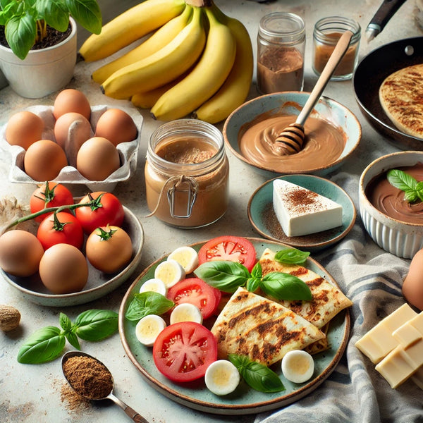 A visually appealing kitchen countertop arranged with various simple ingredients for easy recipes. Visible are a bowl of eggs, a bunch of ripe bananas