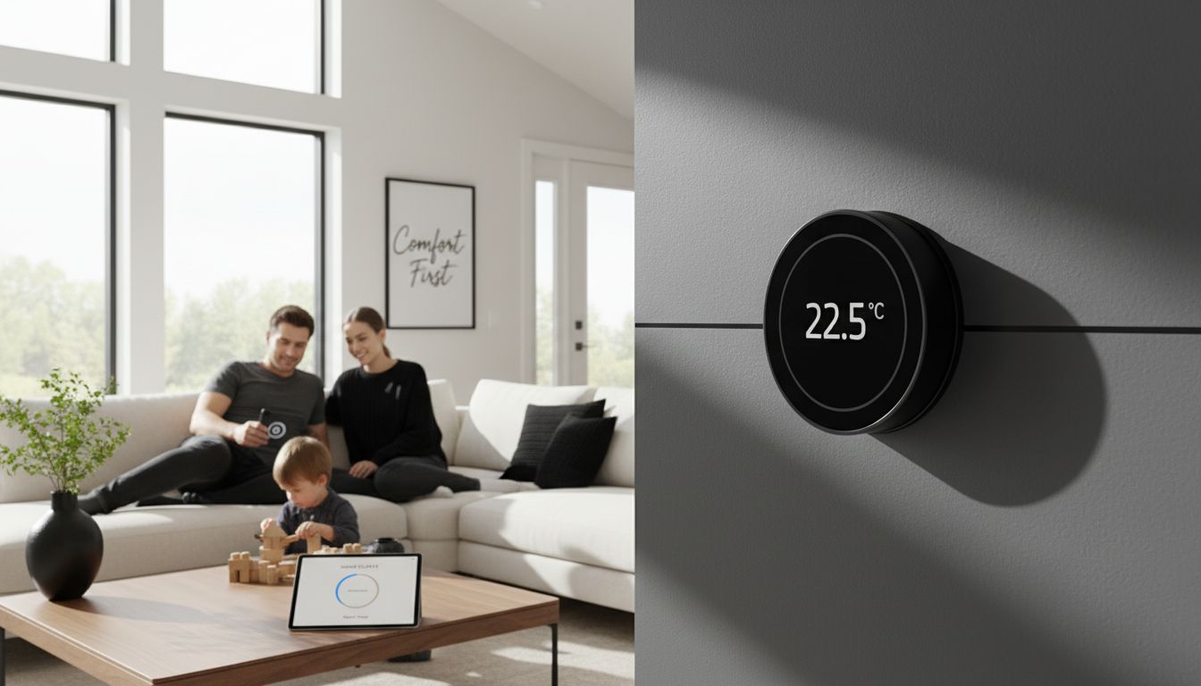 Modern family room with smart thermostat and app