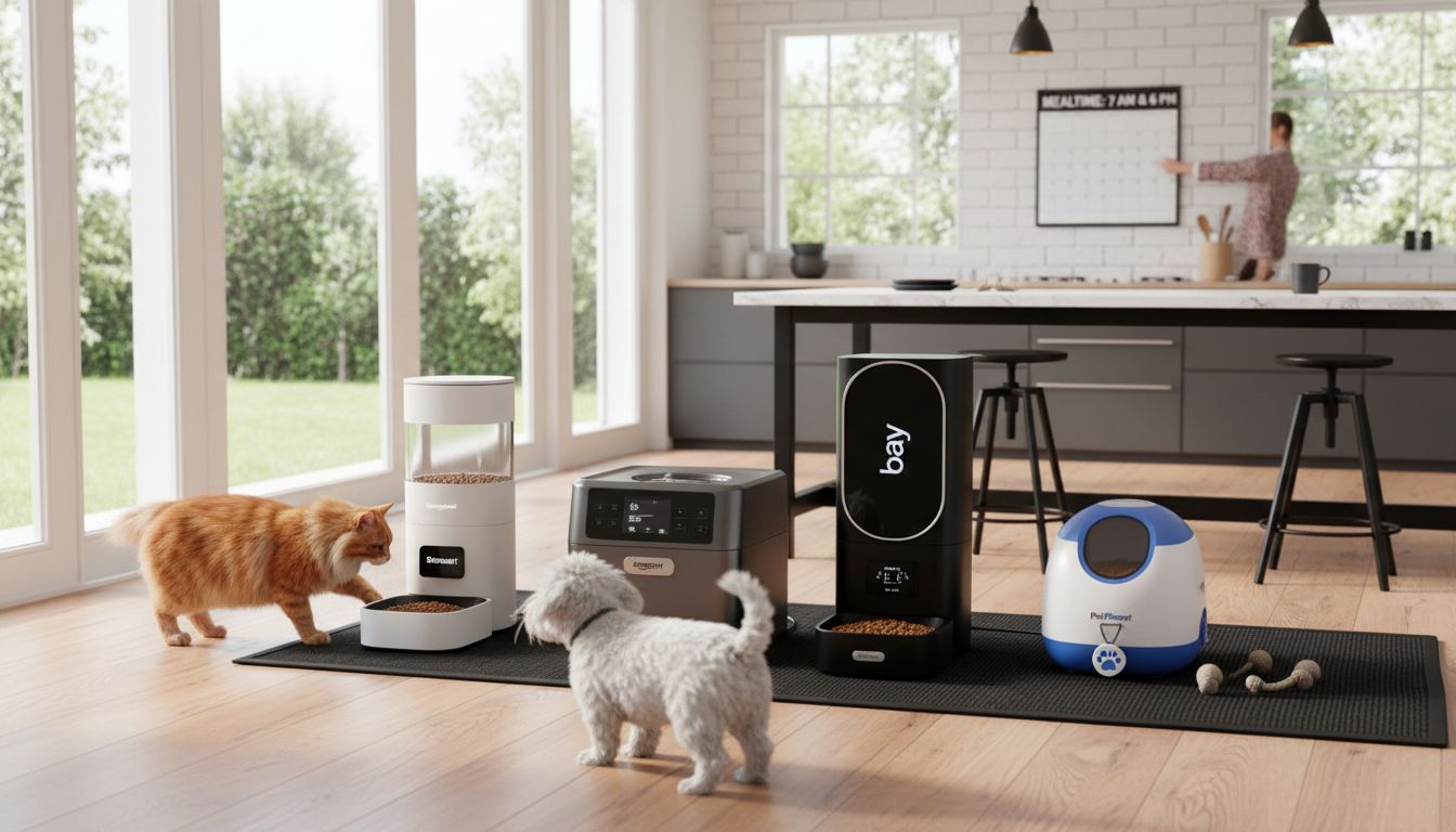 Modern kitchen with four automatic pet feeders