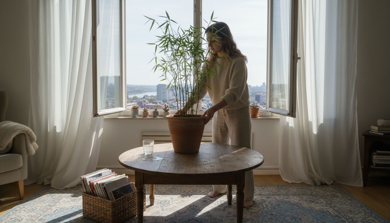 Woman arranging bamboo plant in living room