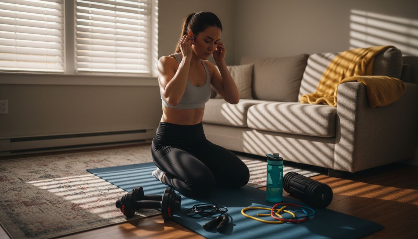 Woman arranging fitness accessories for home workout