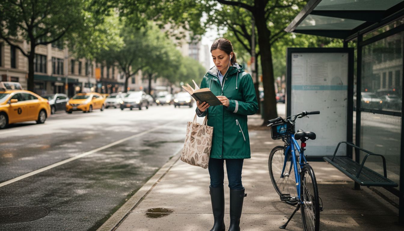 Woman wearing functional fashion at city bus stop