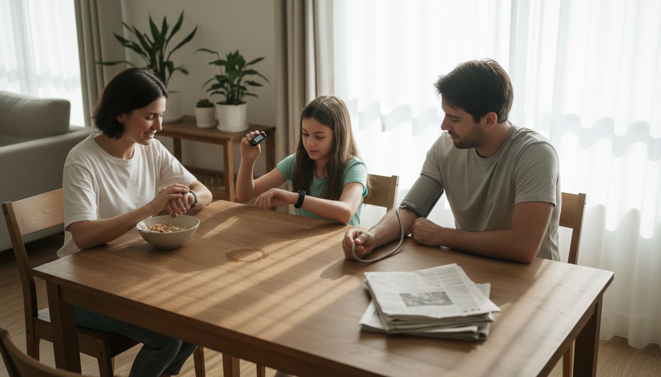 Family using health tech devices at home