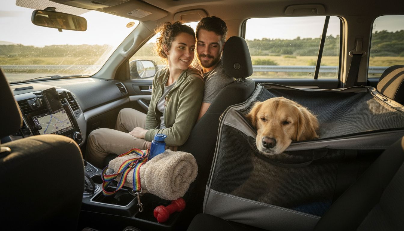 Couple and dog traveling by car with carrier