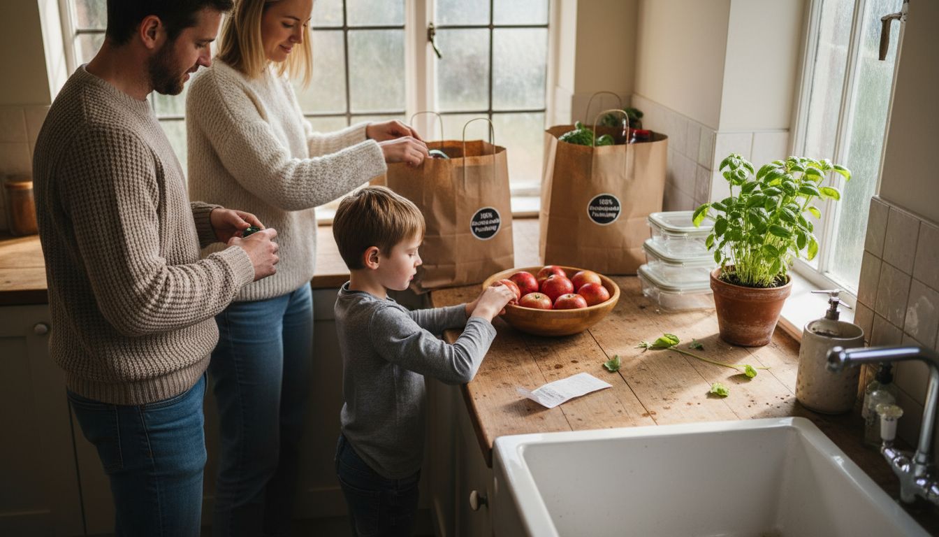 Family unpacking groceries in biodegradable bags